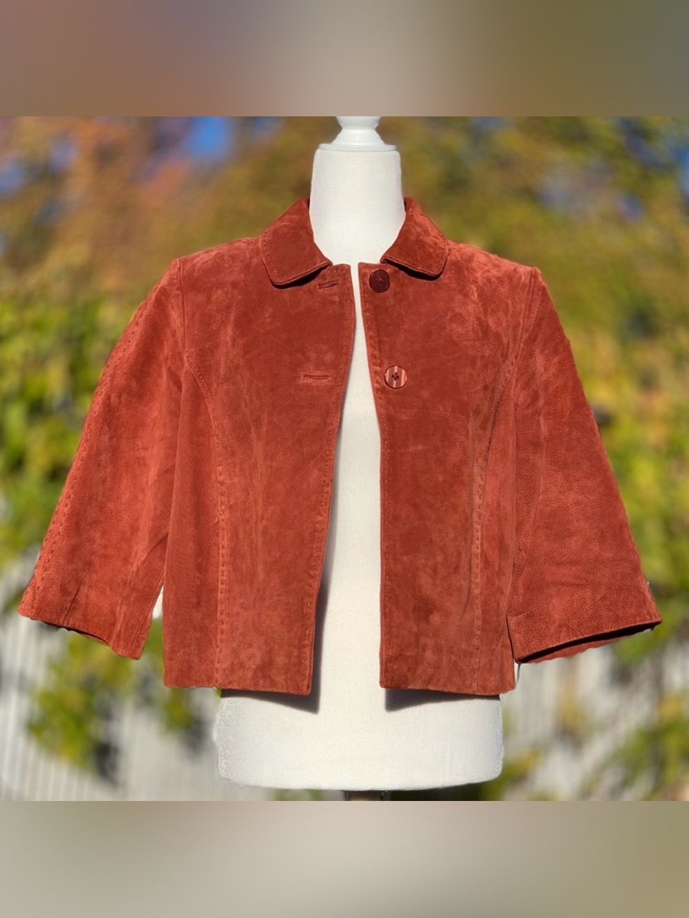 Coldwater Creek Burnt Orange/Rust Suede Leather 3/4 Sleeve Cropped Jacket ~ PS